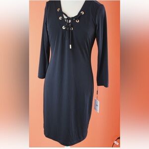 Calvin Klein V-Neck Gold Grommet Lace Up 3/4 Sleeve Black Knit Dress. Size 14